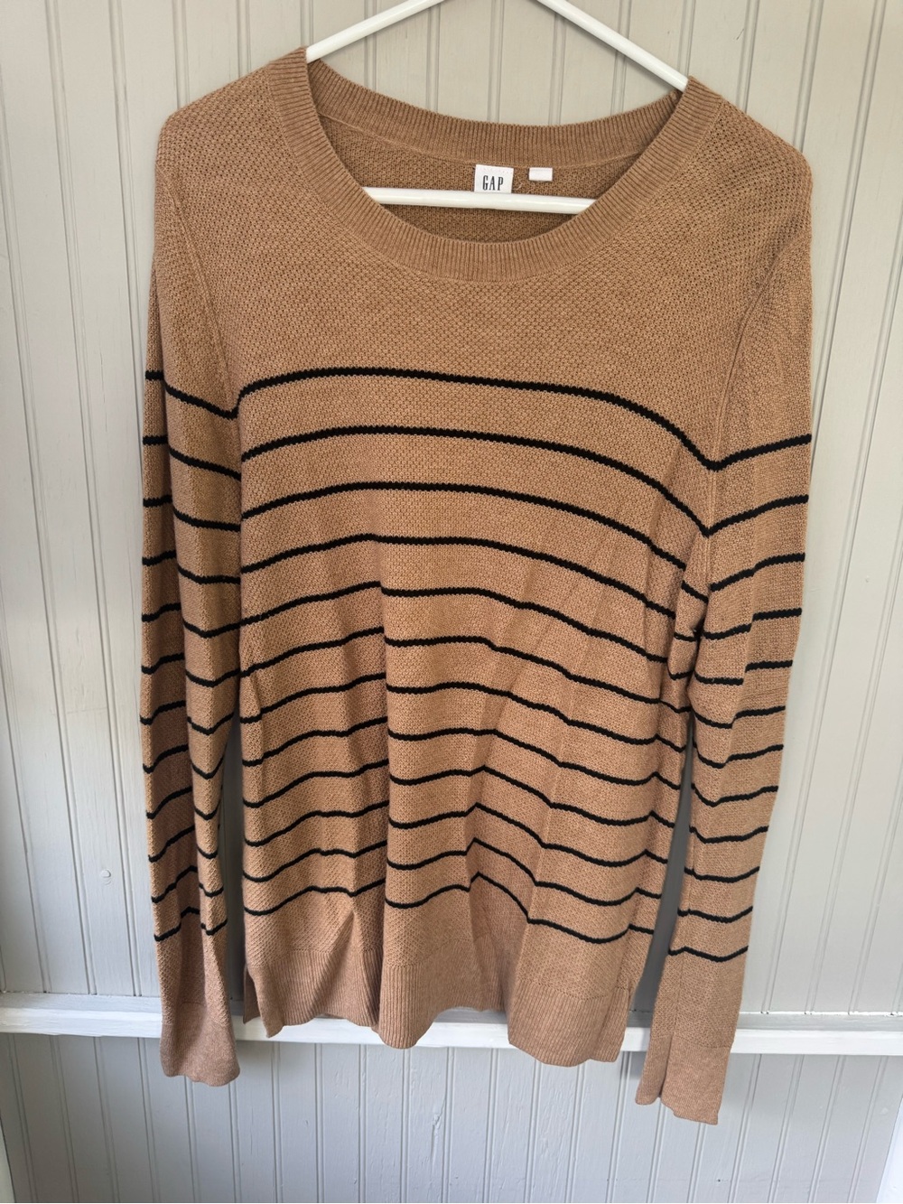 GAP Camel and Black Striped Crewneck Sweater